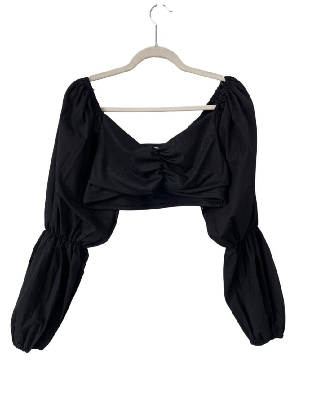 Express Body Contour Crop Top Large Balloon Sleeve Ruched Front Contemporary NEW